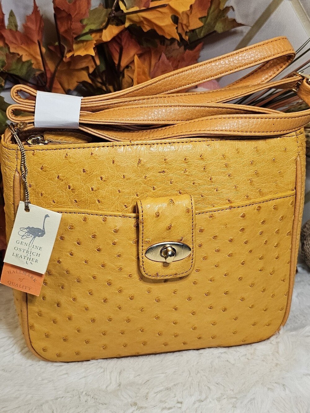 Genuine Ostrich Leather Crossbody Bag in Mustard Yellow
